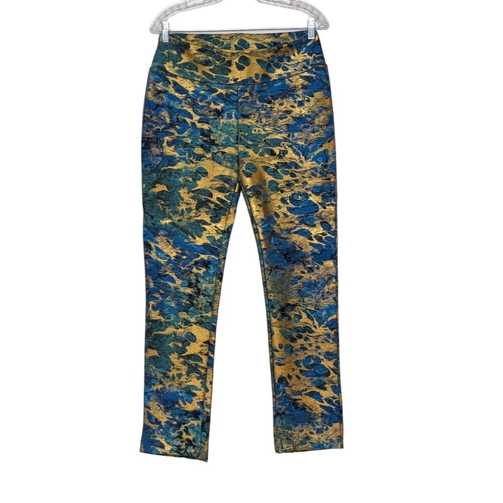 Soft Surroundings Florentine teal shimmer gold abstract print ankle pants small